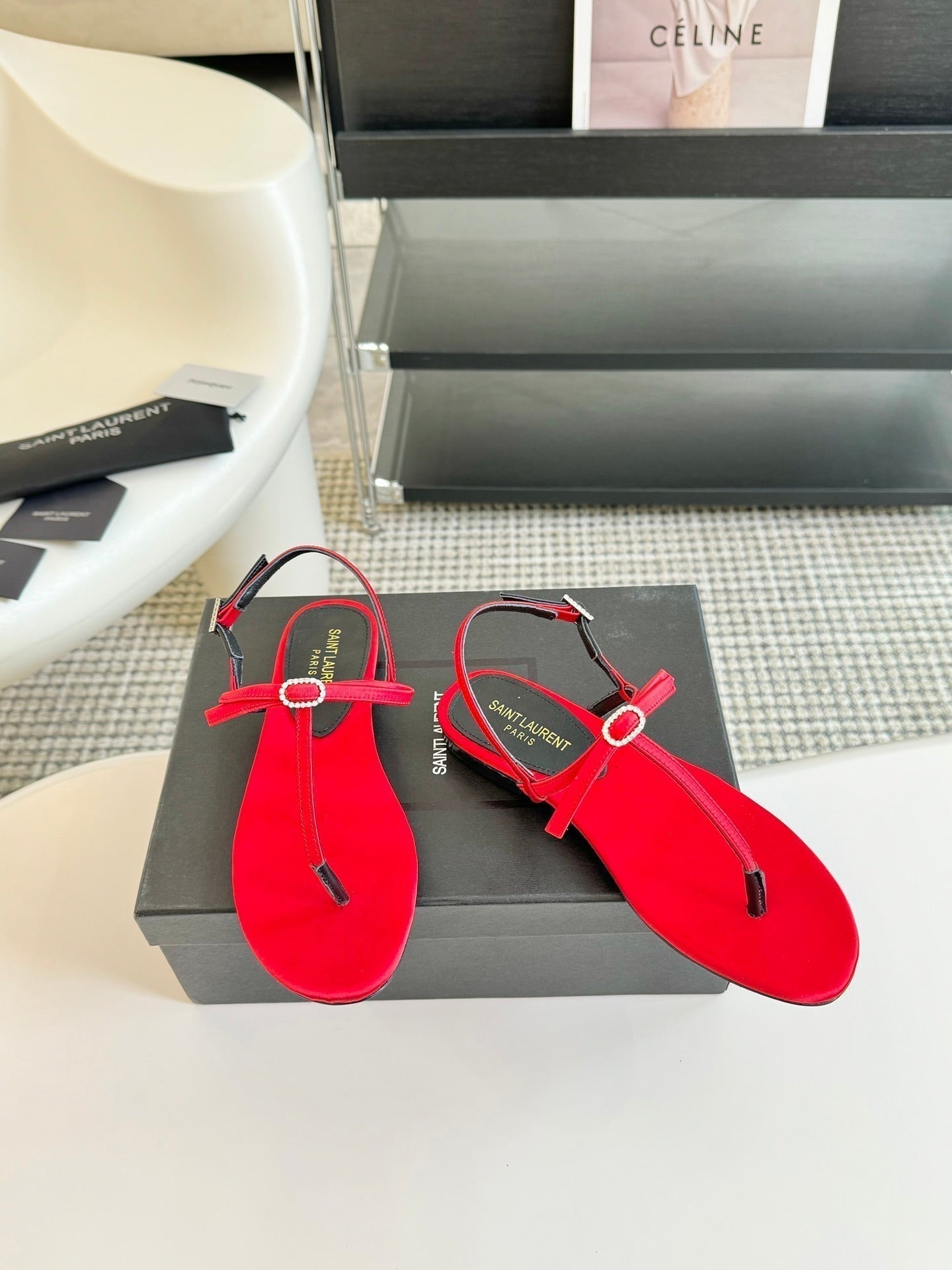 SL Silk Bow T-Strap Flat Sandals Red Leather