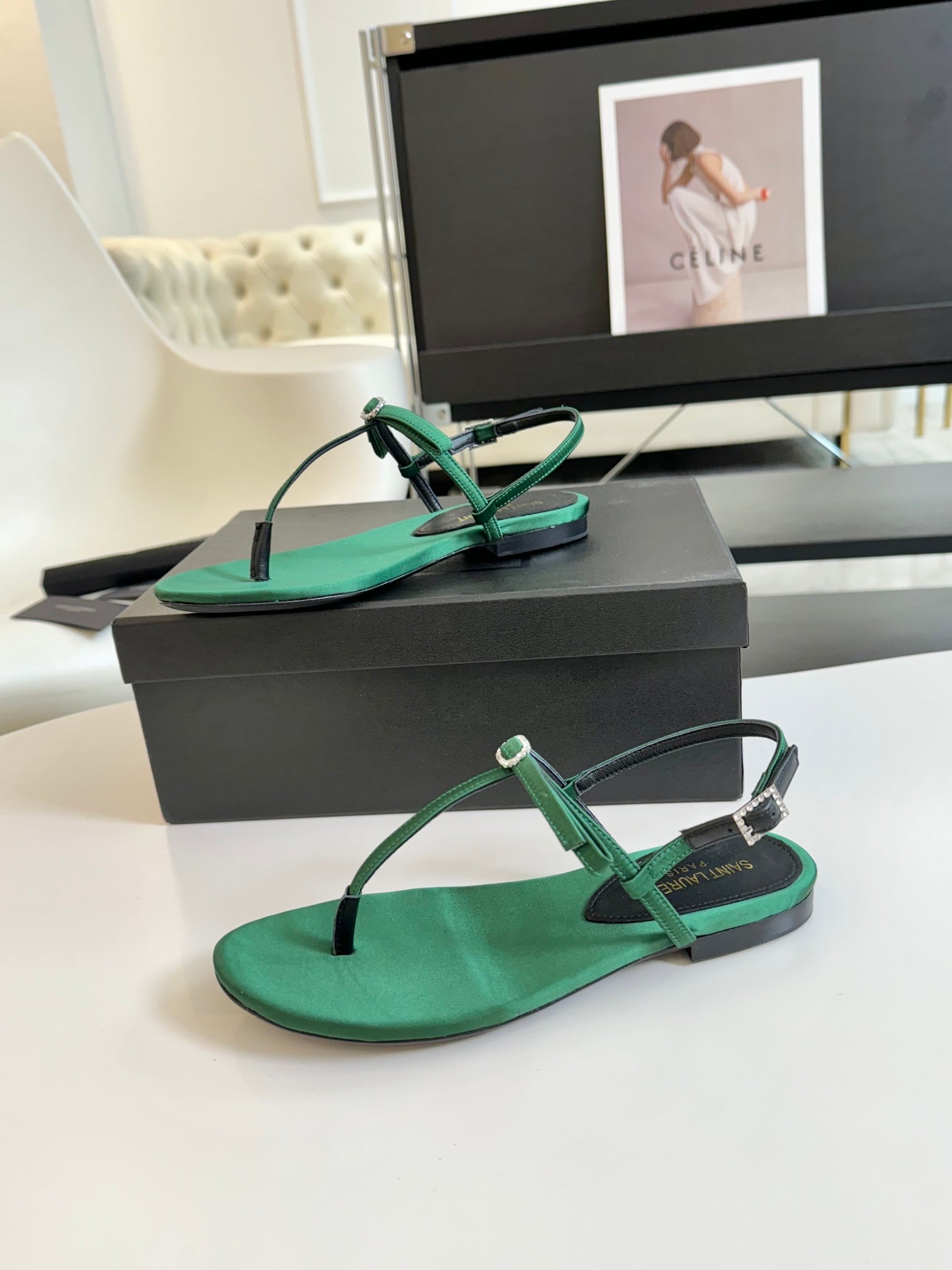 SL CRYSTAL T-STRAP FLAT SANDAL DARK GREEN SATIN