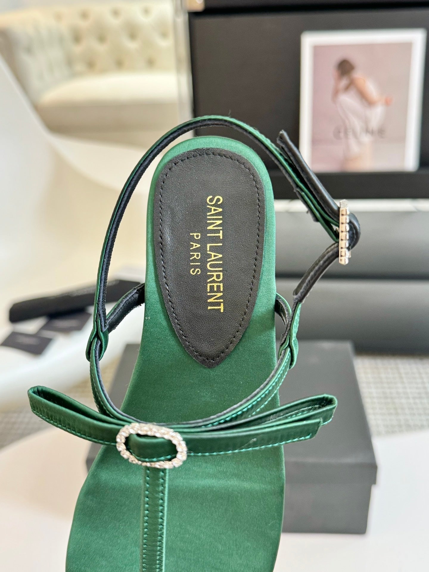 SL CRYSTAL T-STRAP FLAT SANDAL DARK GREEN SATIN