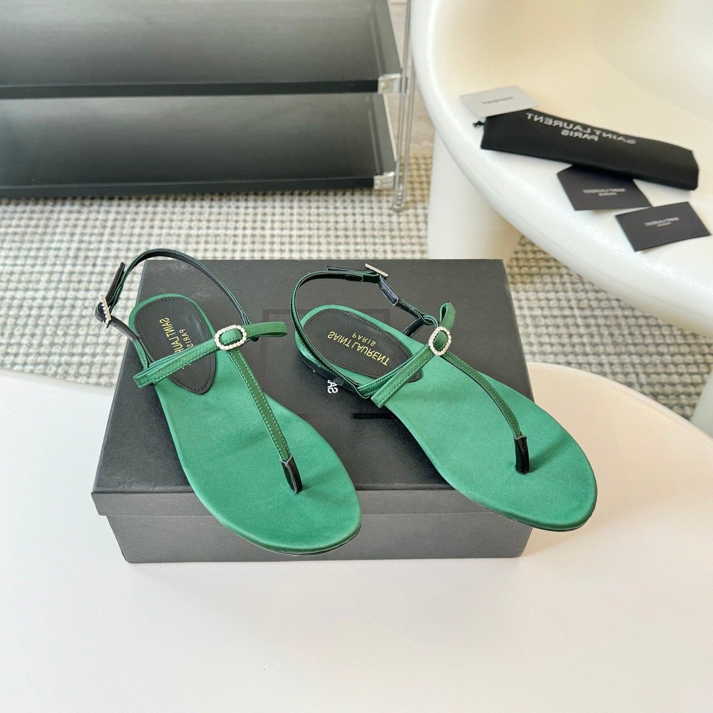 SL CRYSTAL T-STRAP FLAT SANDAL DARK GREEN SATIN