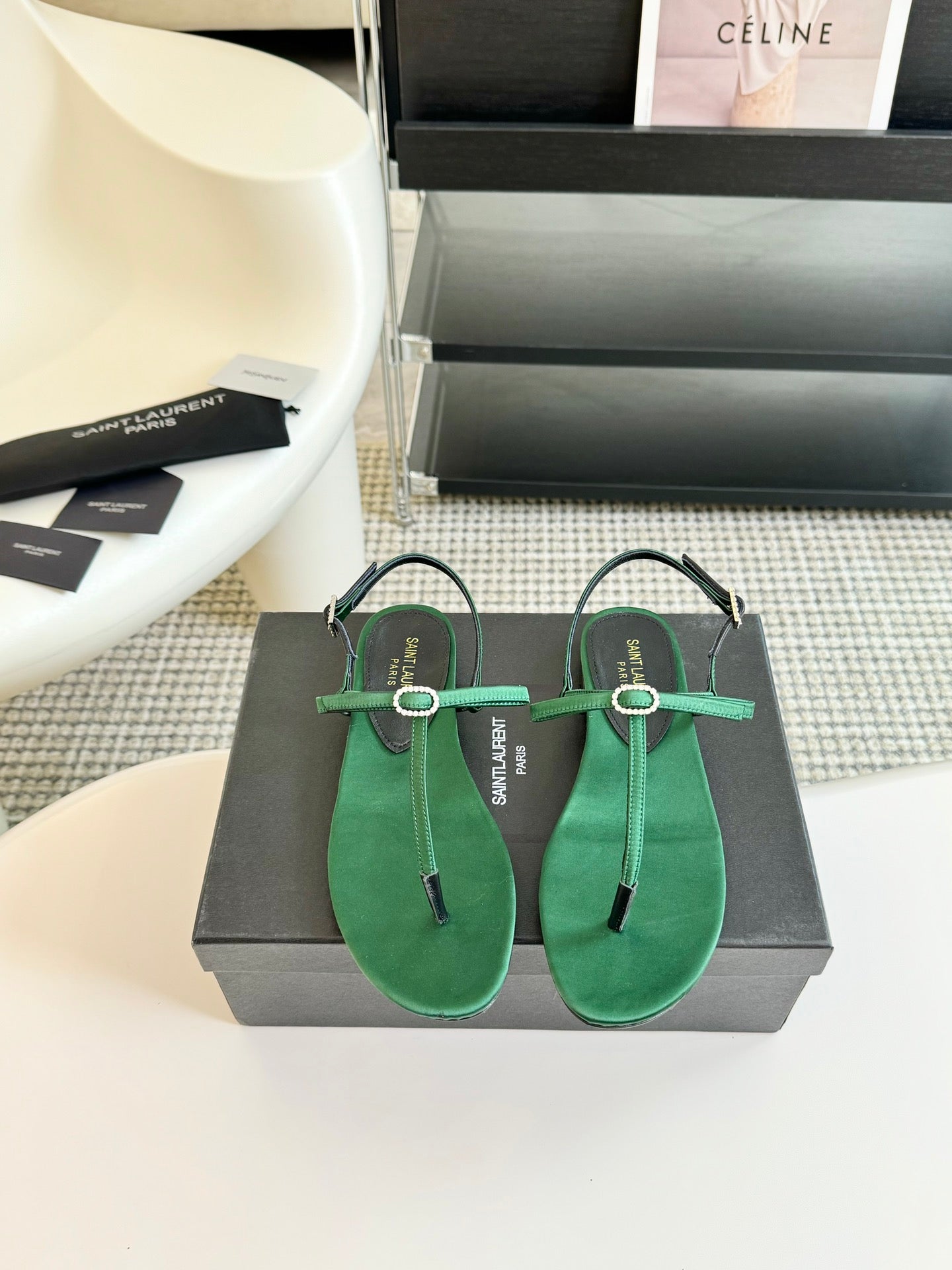 SL CRYSTAL T-STRAP FLAT SANDAL DARK GREEN SATIN
