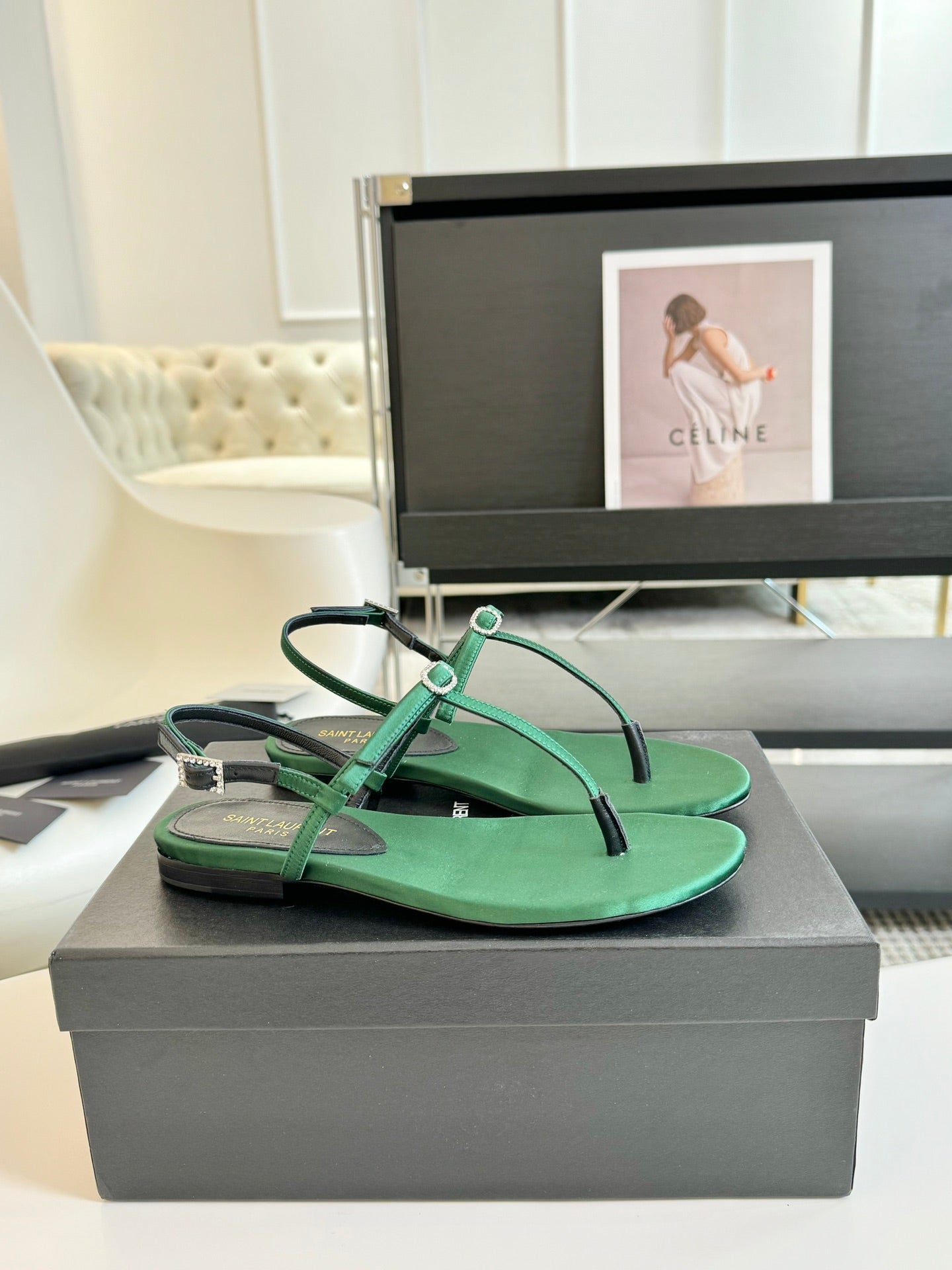 SL CRYSTAL T-STRAP FLAT SANDAL DARK GREEN SATIN
