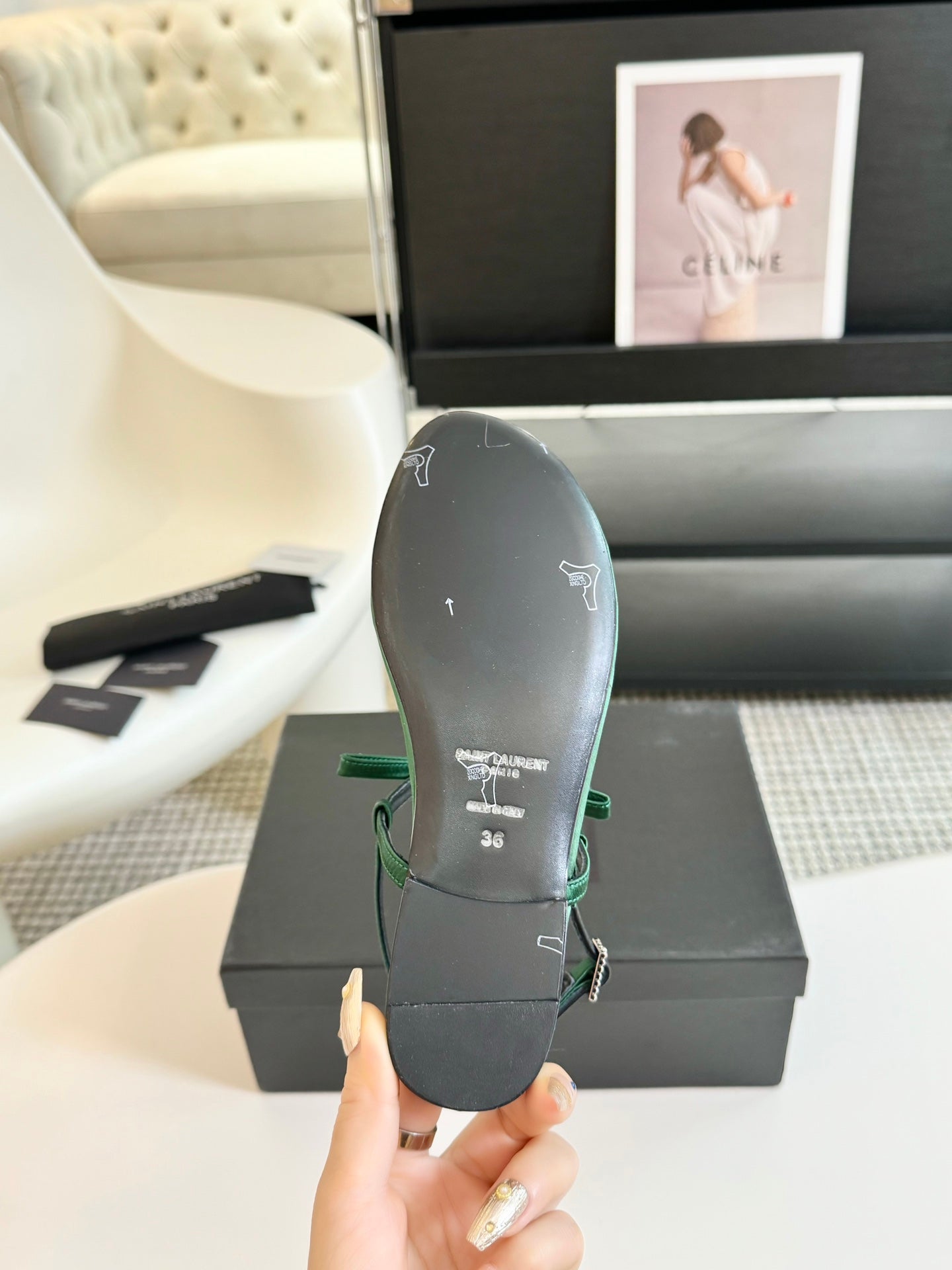 SL CRYSTAL T-STRAP FLAT SANDAL DARK GREEN SATIN