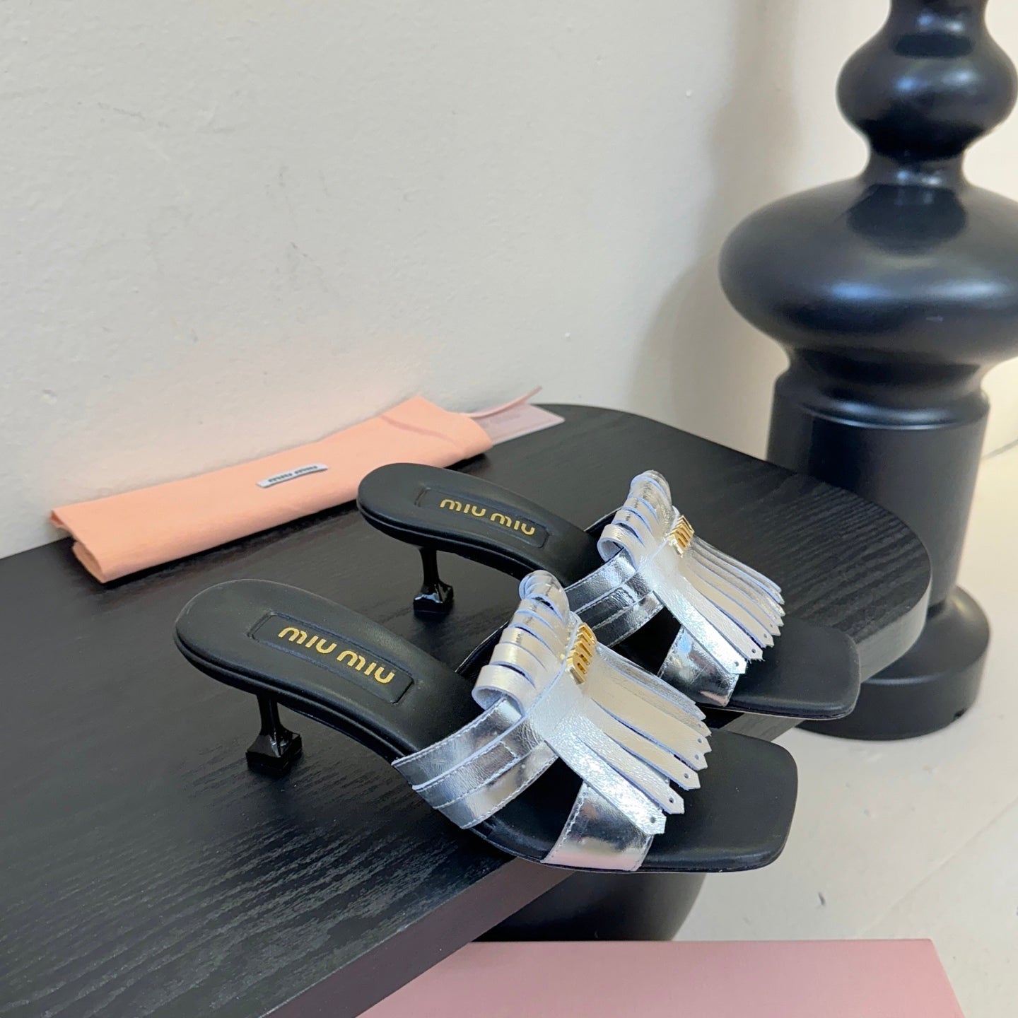 MIU 26ss High Heel Sandals 50 Black Sliver Sheepskin 627357