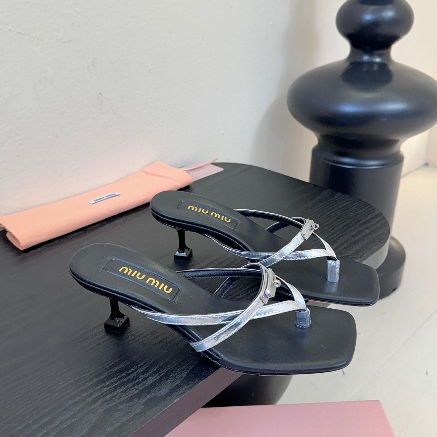 MIU High Heeled Sandals 50 Black Sliver Sheepskin 627365