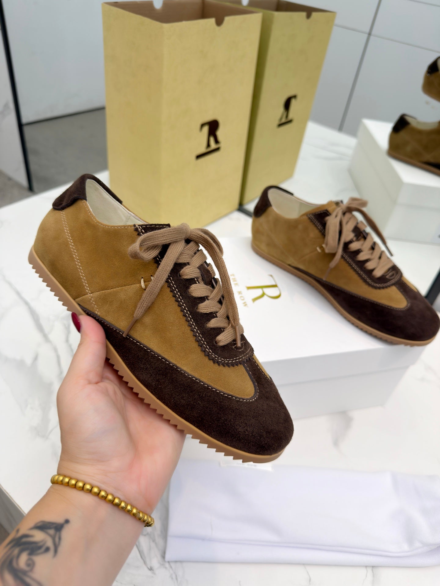 The Row 2025 Sneaker Dark Brown mix Tan Suede Sheepskin 576014