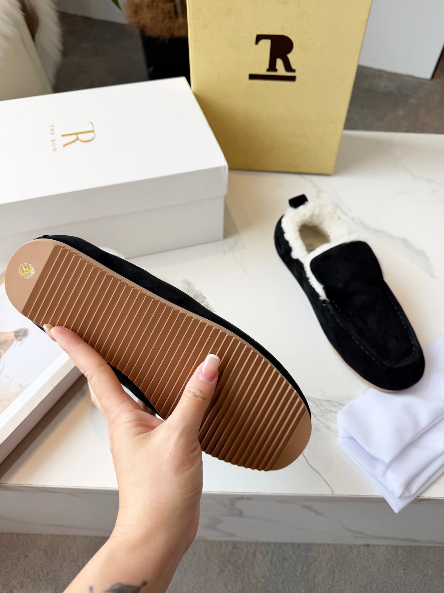 The Row 2025 Loafer Black Suede Wool 576845