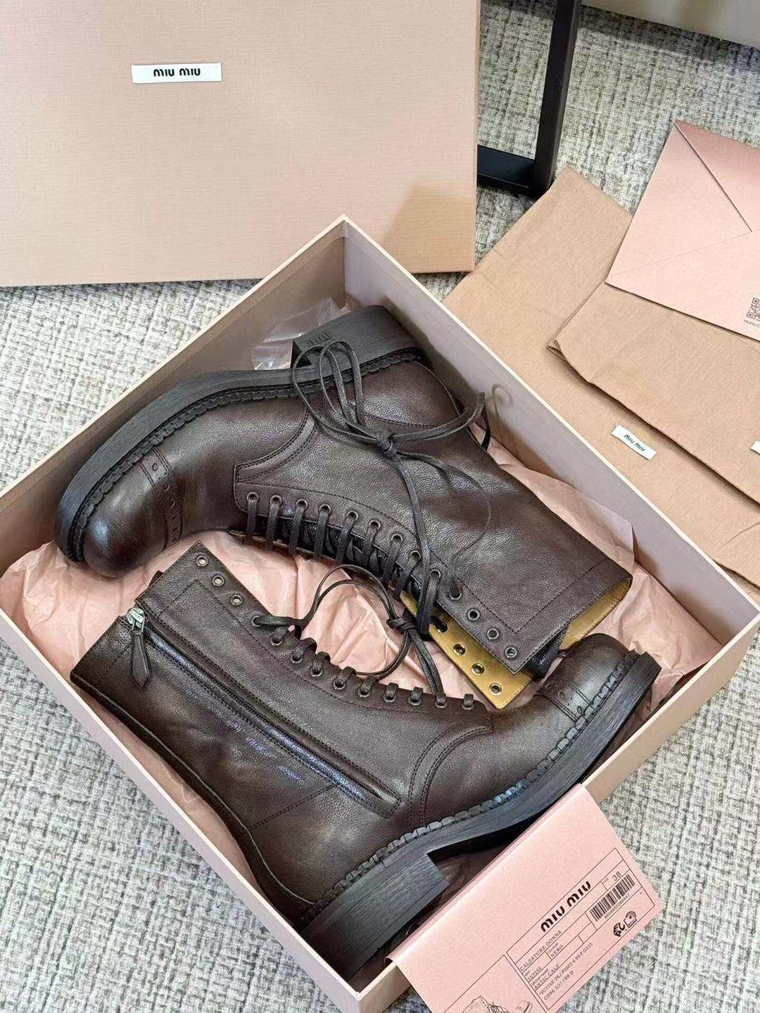 Miu Cocoa Brown Leather Lace-Up Boots