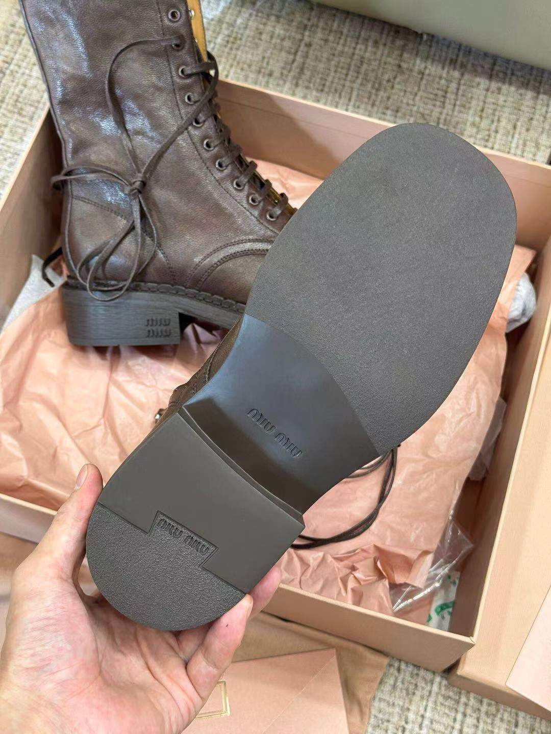 Miu Cocoa Brown Leather Lace-Up Boots