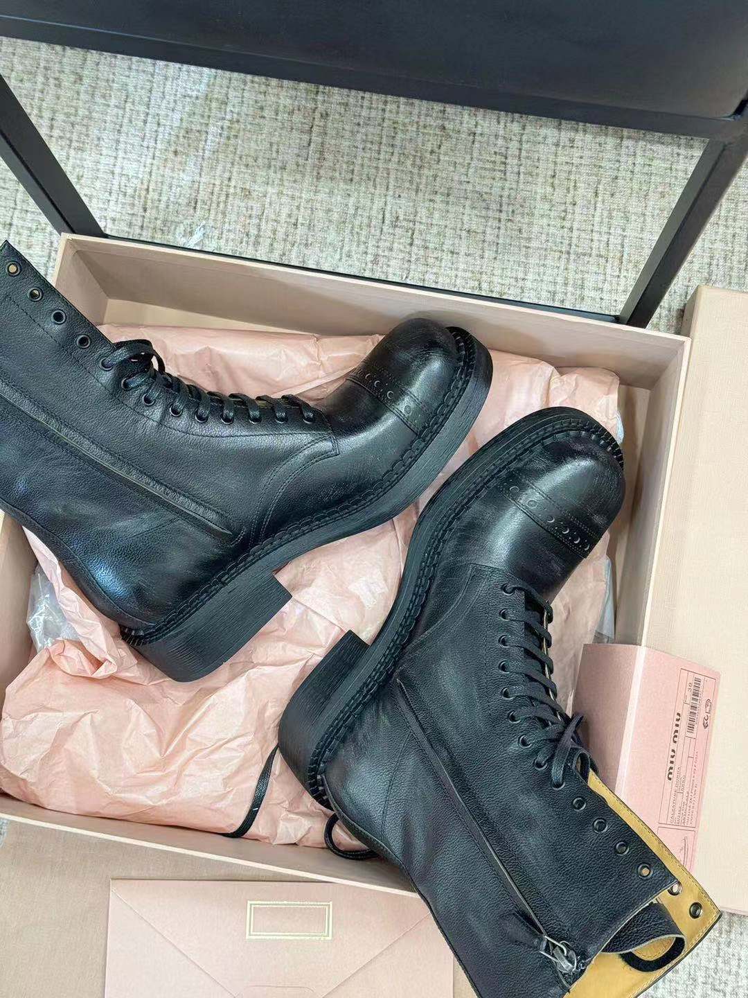 Miu Short Boots Black Paint Calfskin