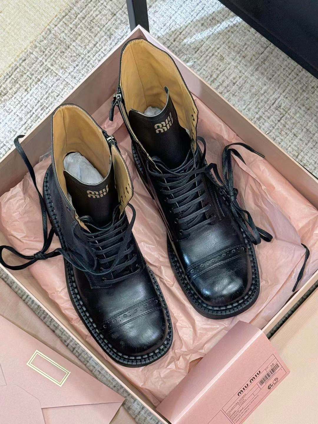 Miu Short Boots Black Paint Calfskin