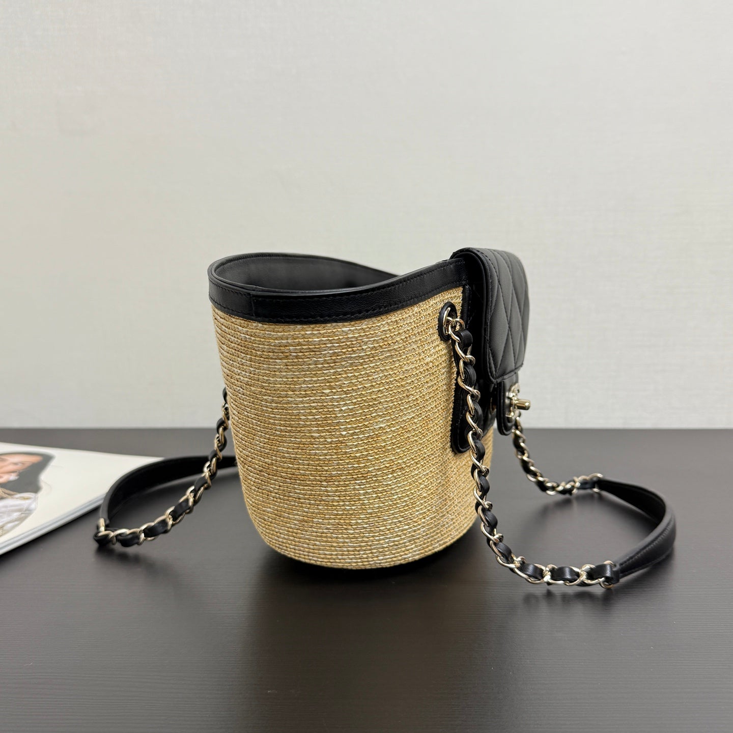 Chanel 2026 Shopping Bag 34cm Beige Black Straw Lambskin