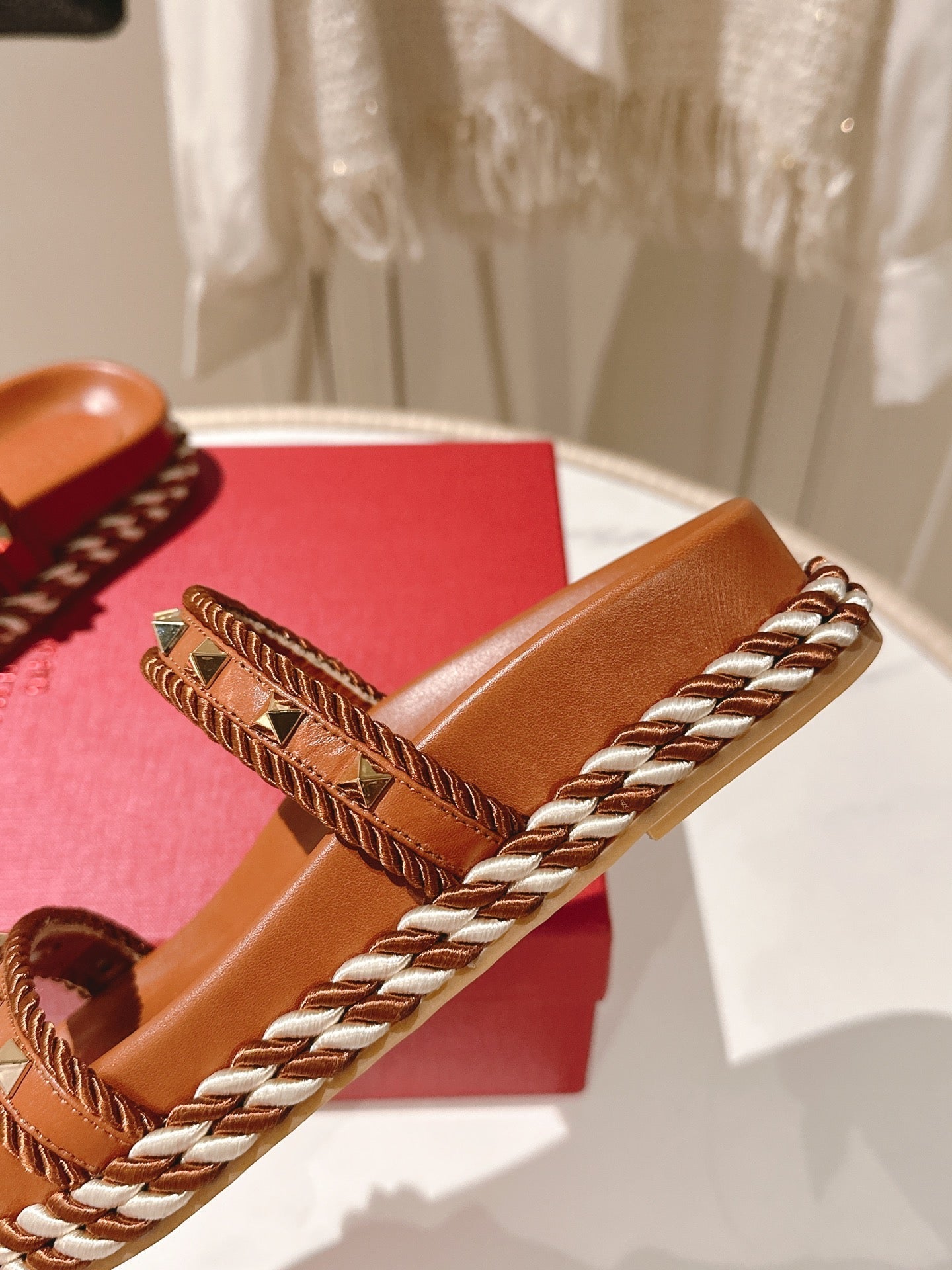 VT Rockstud Sandals Brown Espadrilles Cowhide 328127