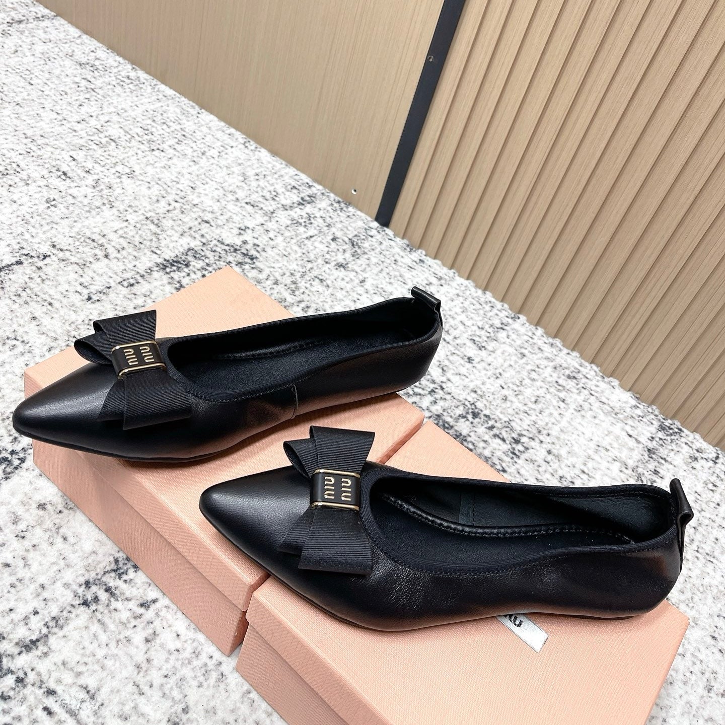 Miu Pointed-Toe Ballet Flats Black Sheepskin 591561