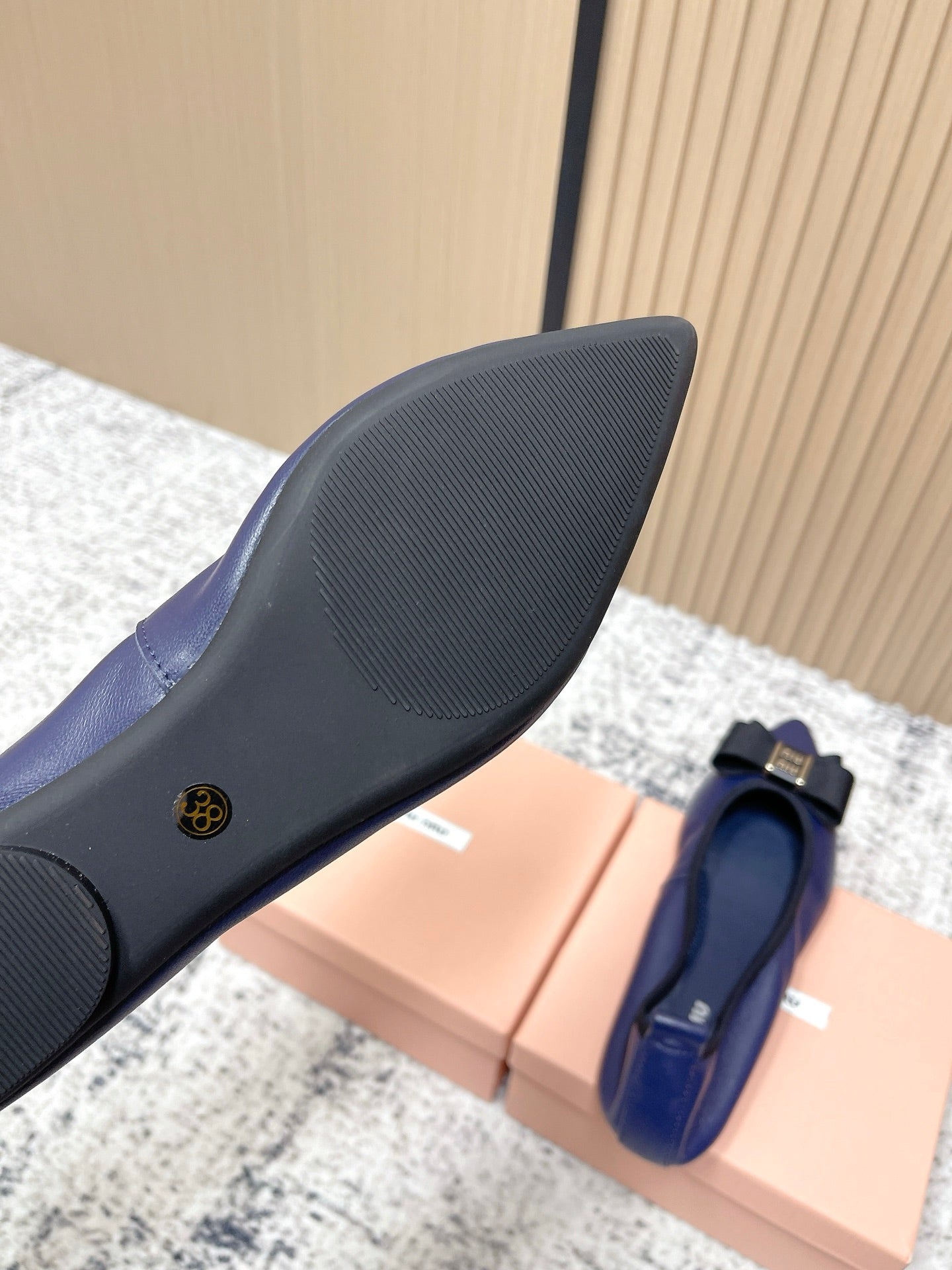 Miu Pointed-Toe Ballet Flats Navy Blue Sheepskin 591563