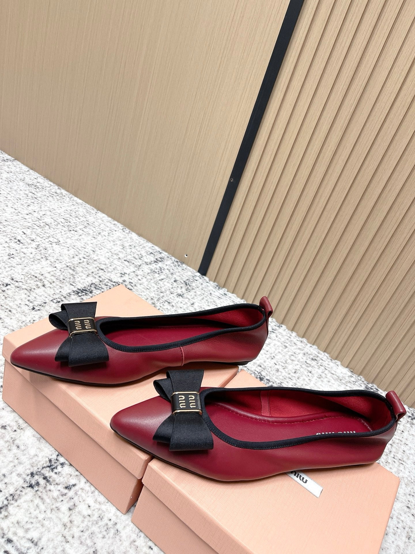 Miu Pointed-Toe Ballet Flats Dark Red Sheepskin 591564