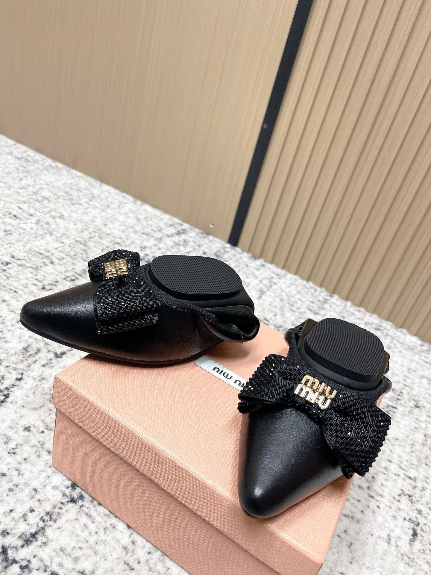 Miu Pointed-Toe Ballet Flats Black Sheepskin 591567