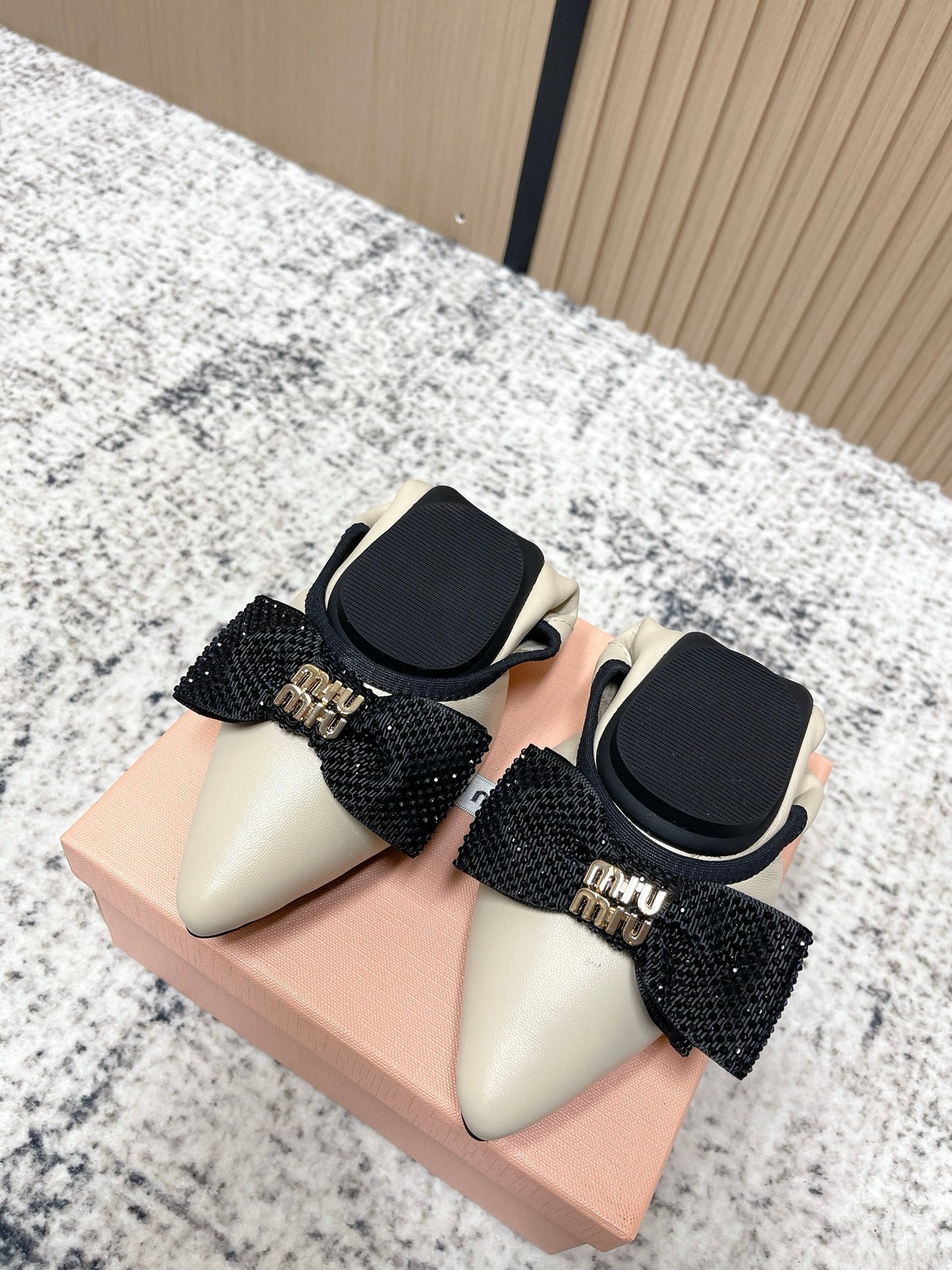 Miu Pointed-Toe Ballet Flats Ivory Sheepskin 591568