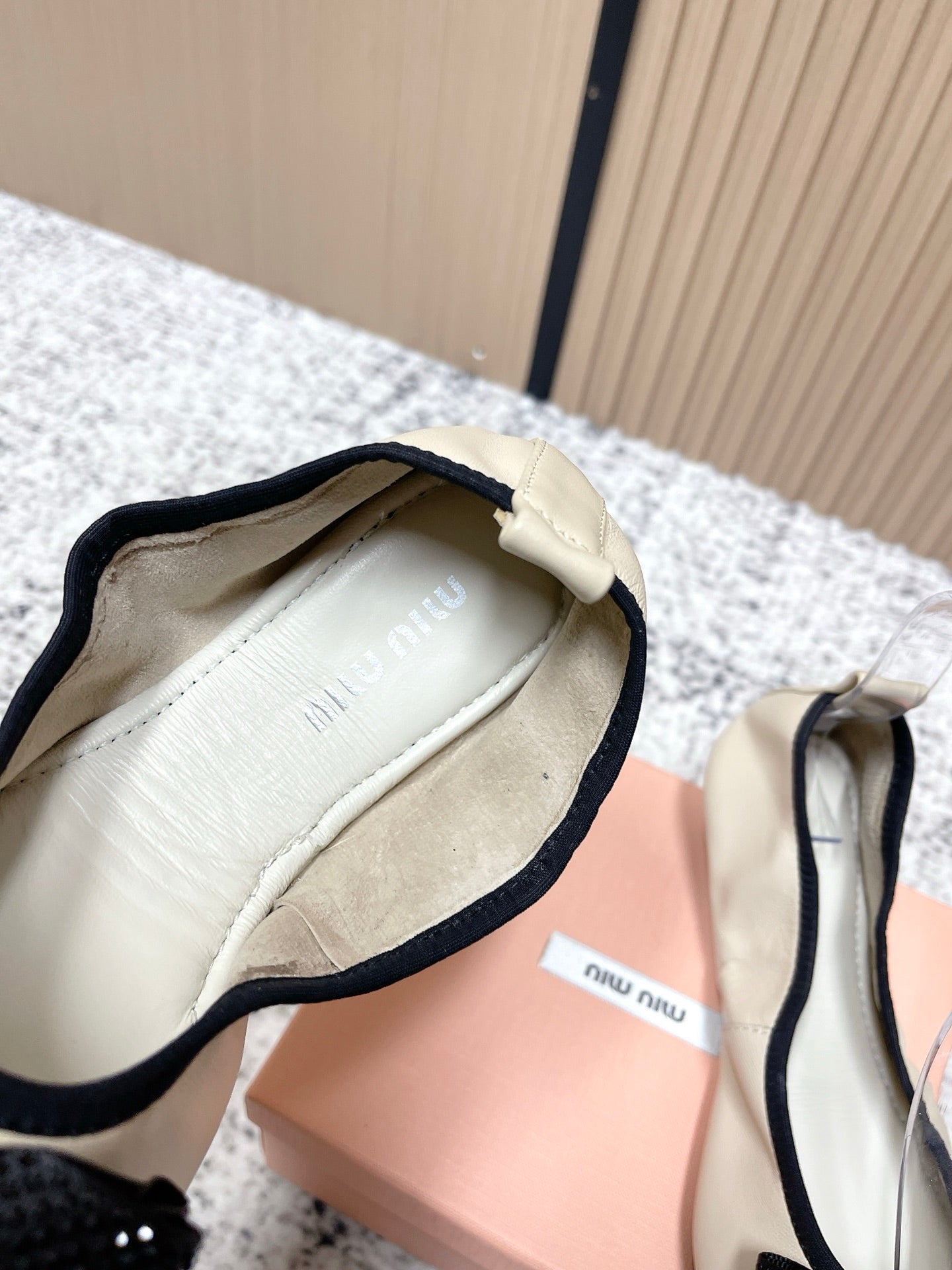 Miu Pointed-Toe Ballet Flats Ivory Sheepskin 591568