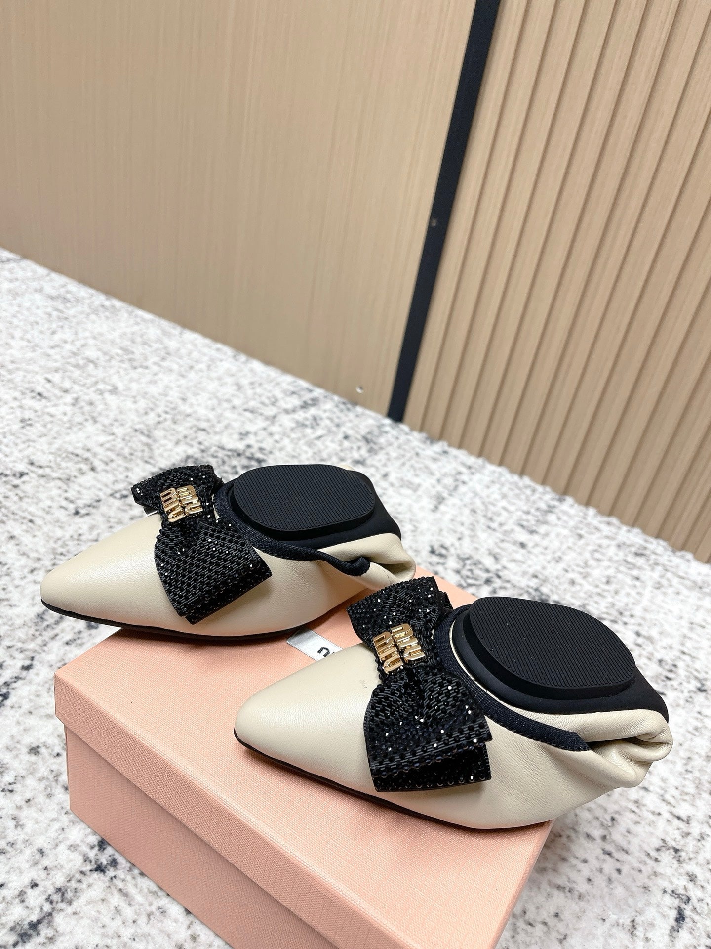 Miu Pointed-Toe Ballet Flats Ivory Sheepskin 591568