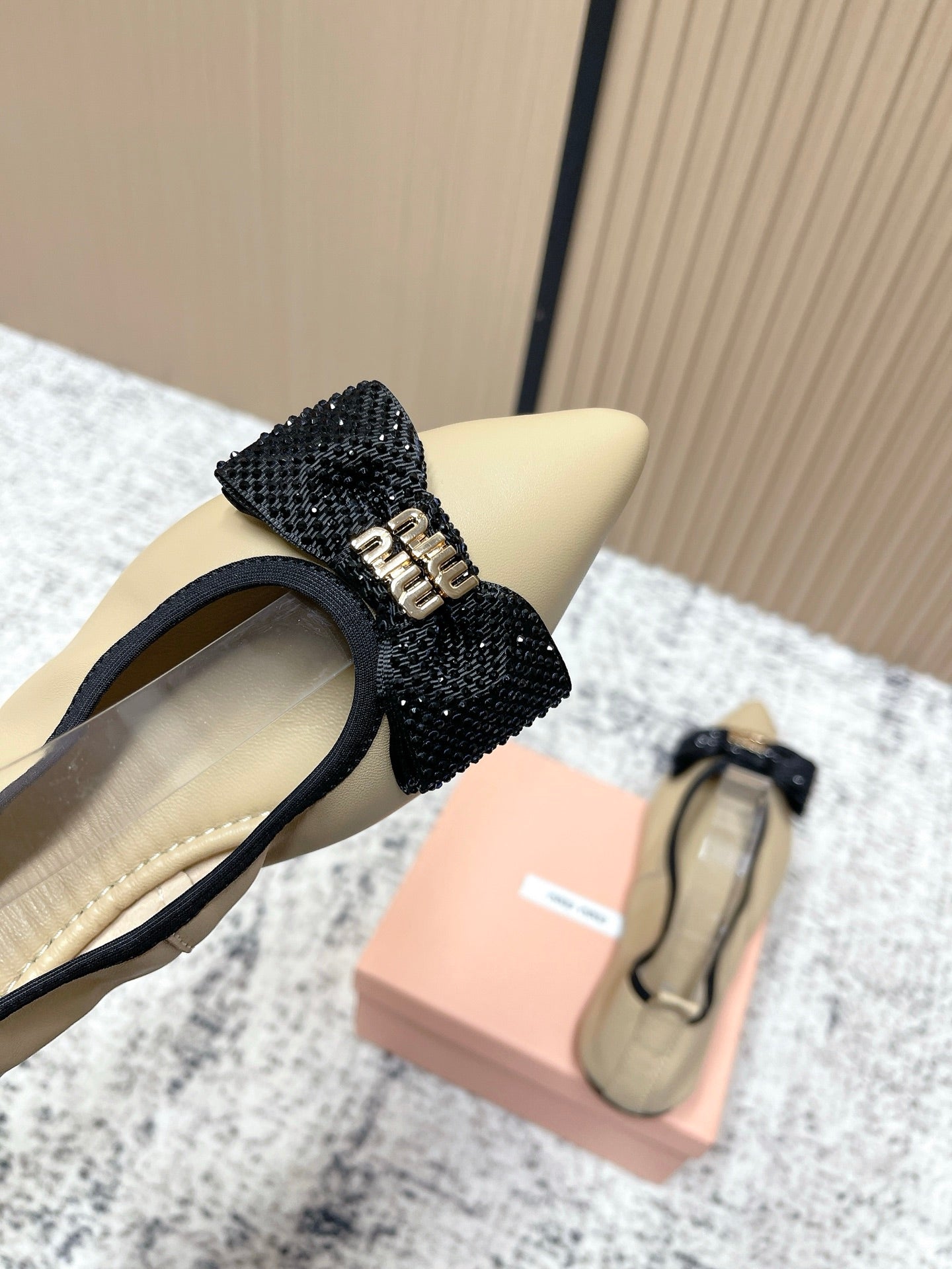 Miu Pointed-Toe Ballet Flats Beige Sheepskin 591569