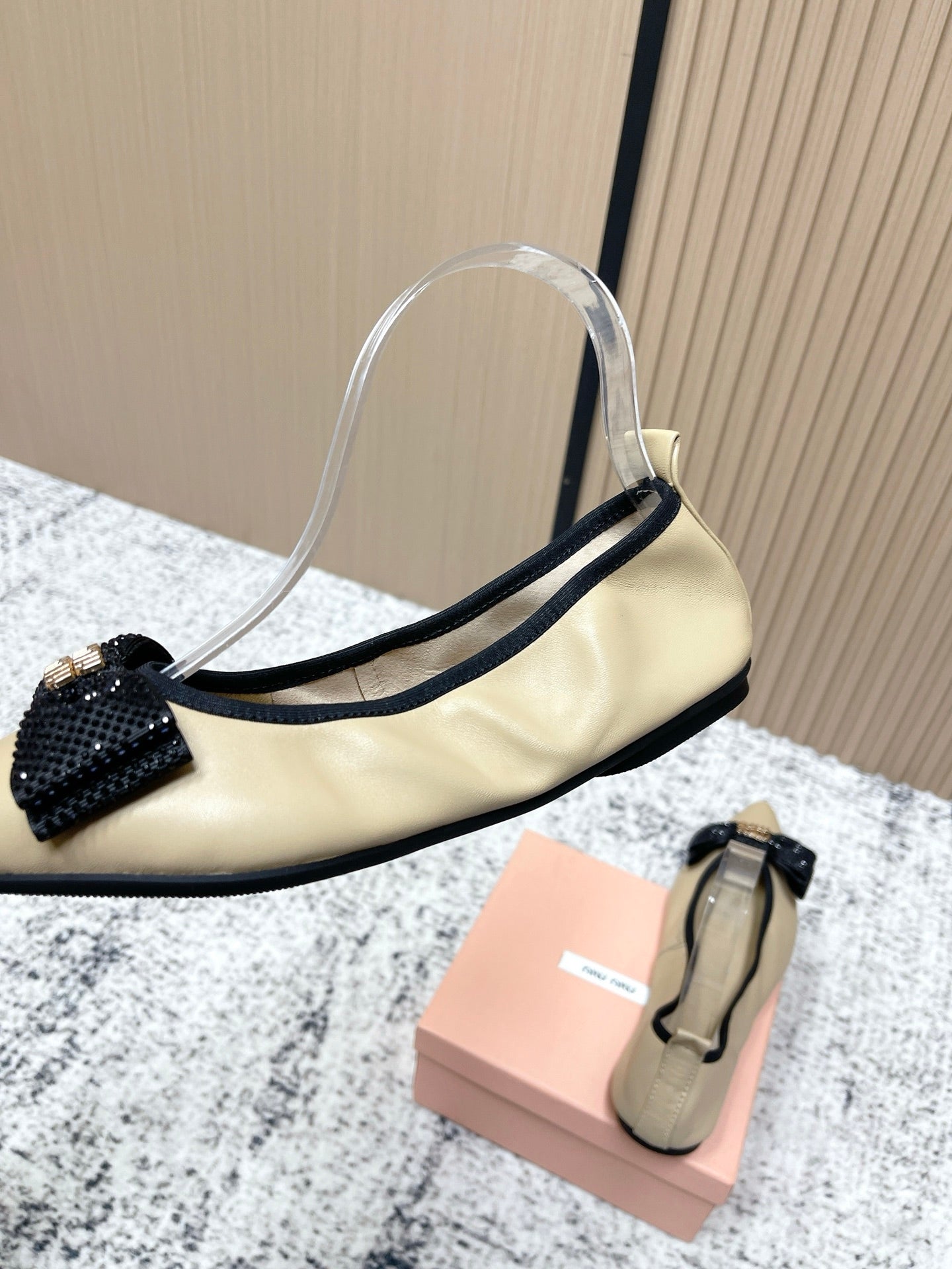 Miu Pointed-Toe Ballet Flats Beige Sheepskin 591569