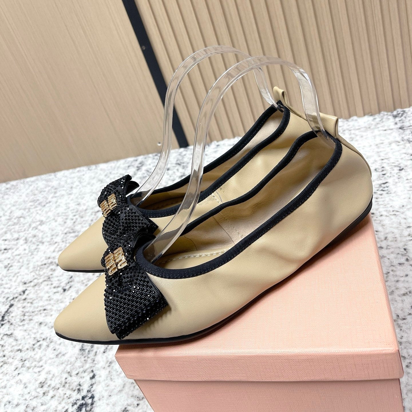 Miu Pointed-Toe Ballet Flats Beige Sheepskin 591569