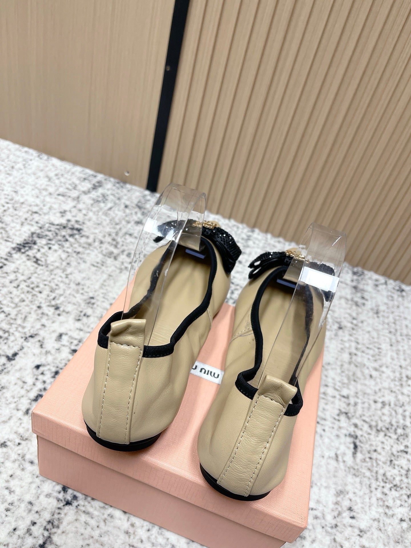 Miu Pointed-Toe Ballet Flats Beige Sheepskin 591569