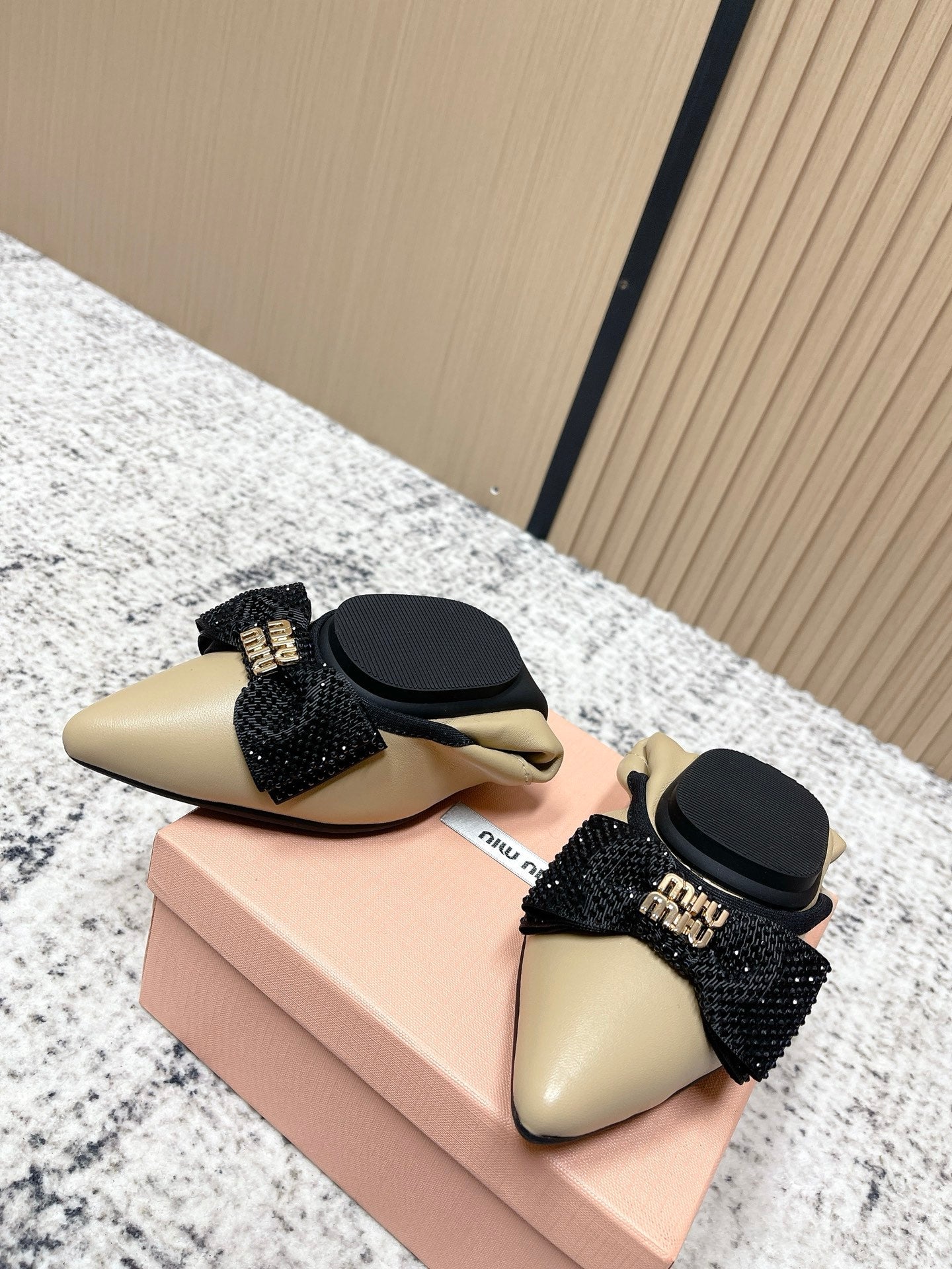 Miu Pointed-Toe Ballet Flats Beige Sheepskin 591569