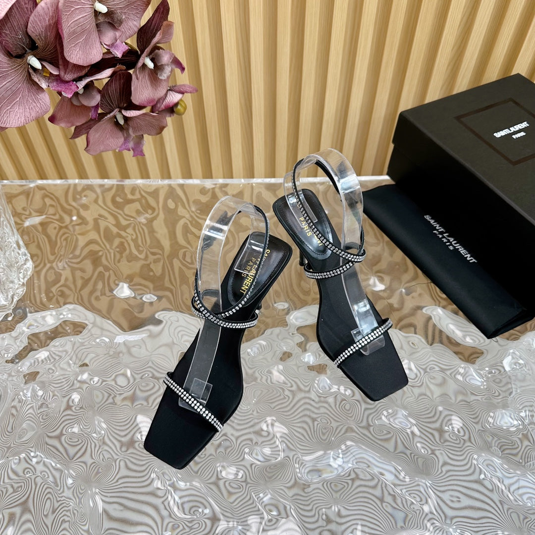 NUIT SANDALS 85 IN BLACK CREPE SATIN AND WHITE RHINESTONES