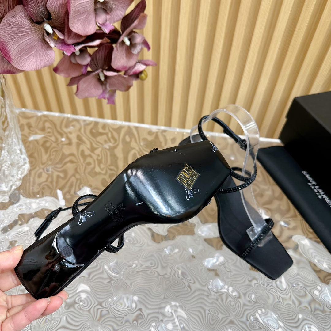 SL STRAP CRYSTAL HIGH SANDAL BLACK SATIN