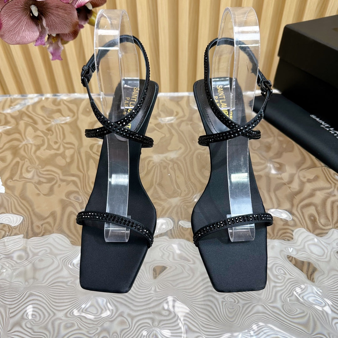 SL STRAP CRYSTAL HIGH SANDAL BLACK SATIN