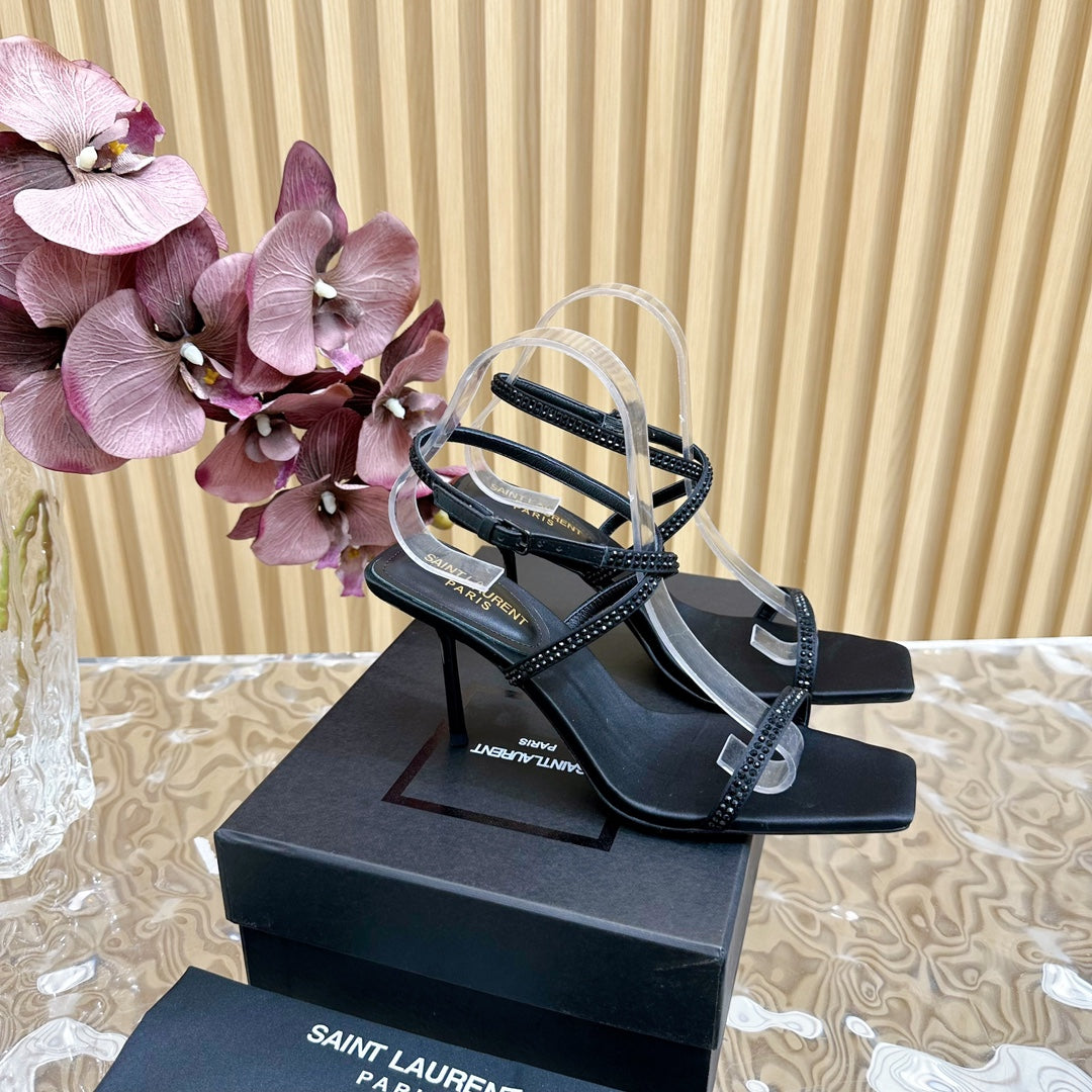 SL STRAP CRYSTAL HIGH SANDAL BLACK SATIN