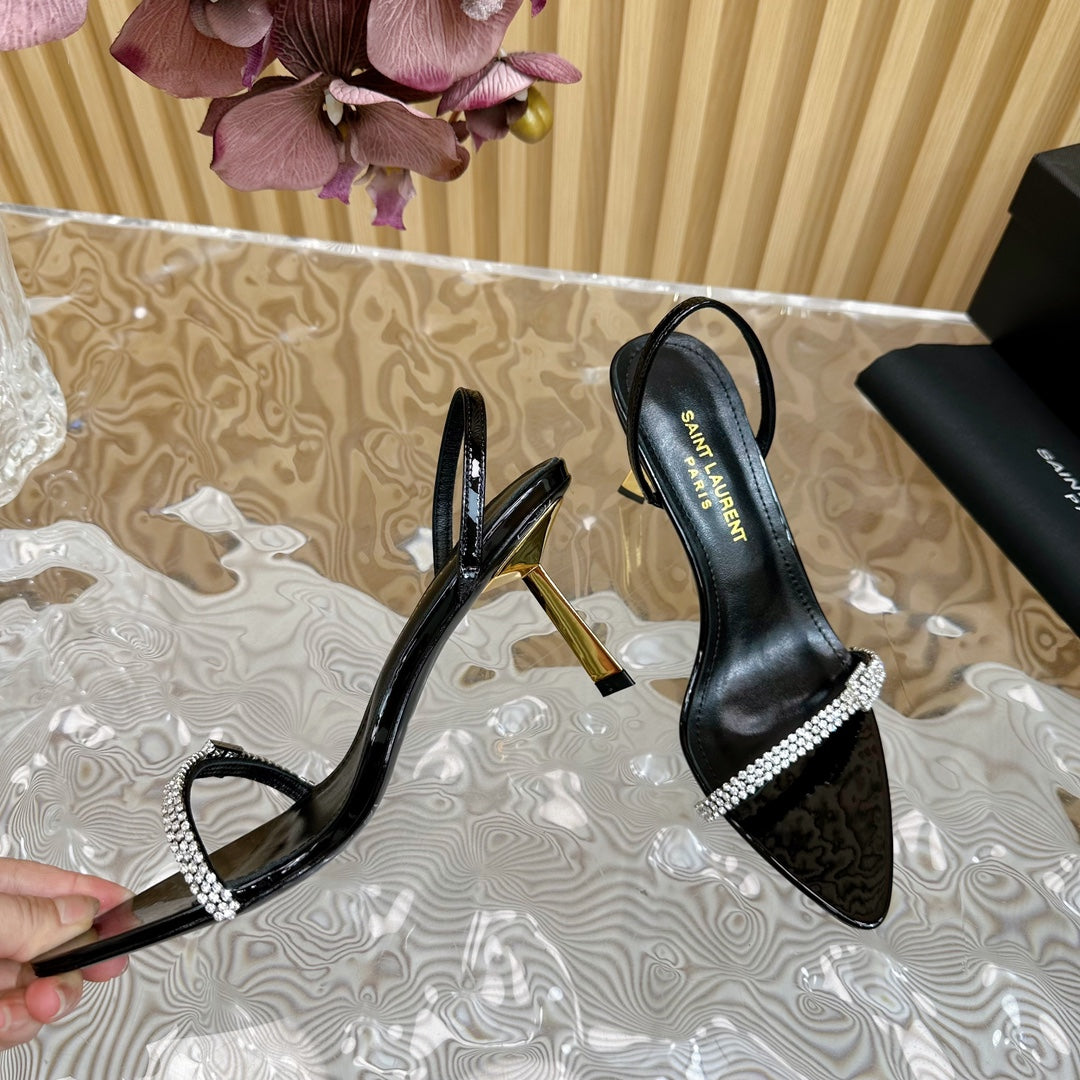 RENDEZ-VOUS SANDALS 70 IN SATIN CREPE PATENT BLACK LEATHER