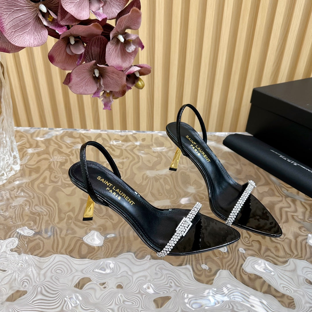 RENDEZ-VOUS SANDALS 70 IN SATIN CREPE PATENT BLACK LEATHER