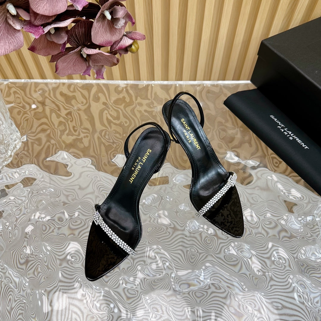 RENDEZ-VOUS SANDALS 70 IN SATIN CREPE PATENT BLACK LEATHER