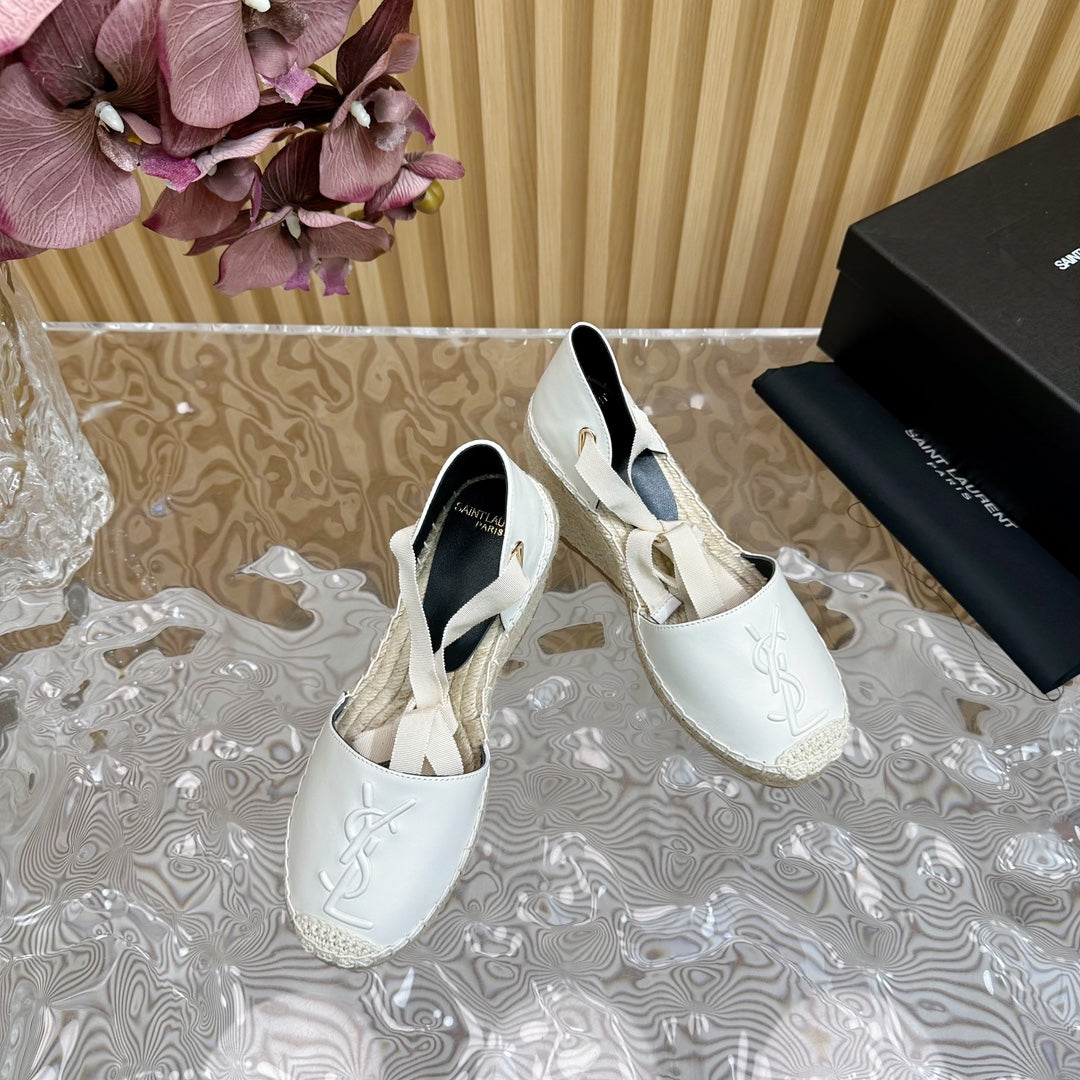 SL WEDGE SANDALS WHITE CALFSKIN AND STRAW