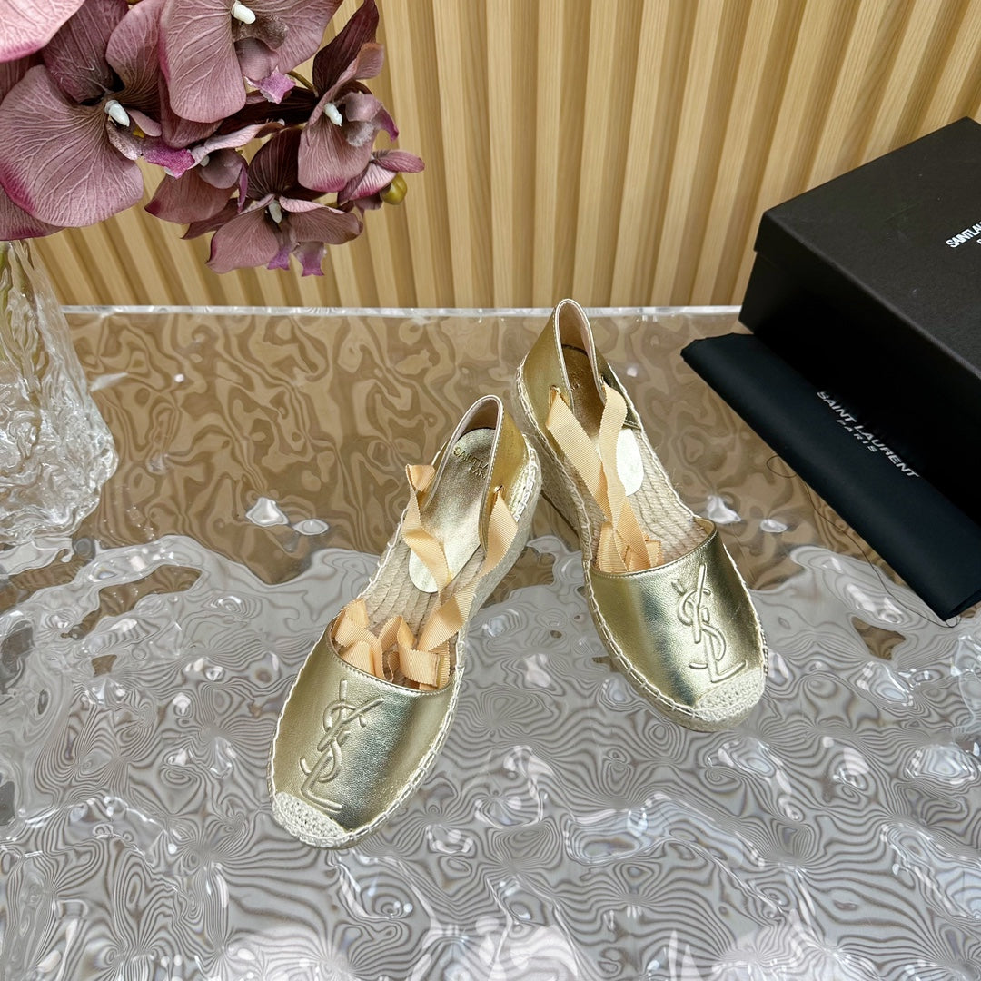 SL WEDGE SANDALS METALLIC GOLD CALFSKIN AND STRAW