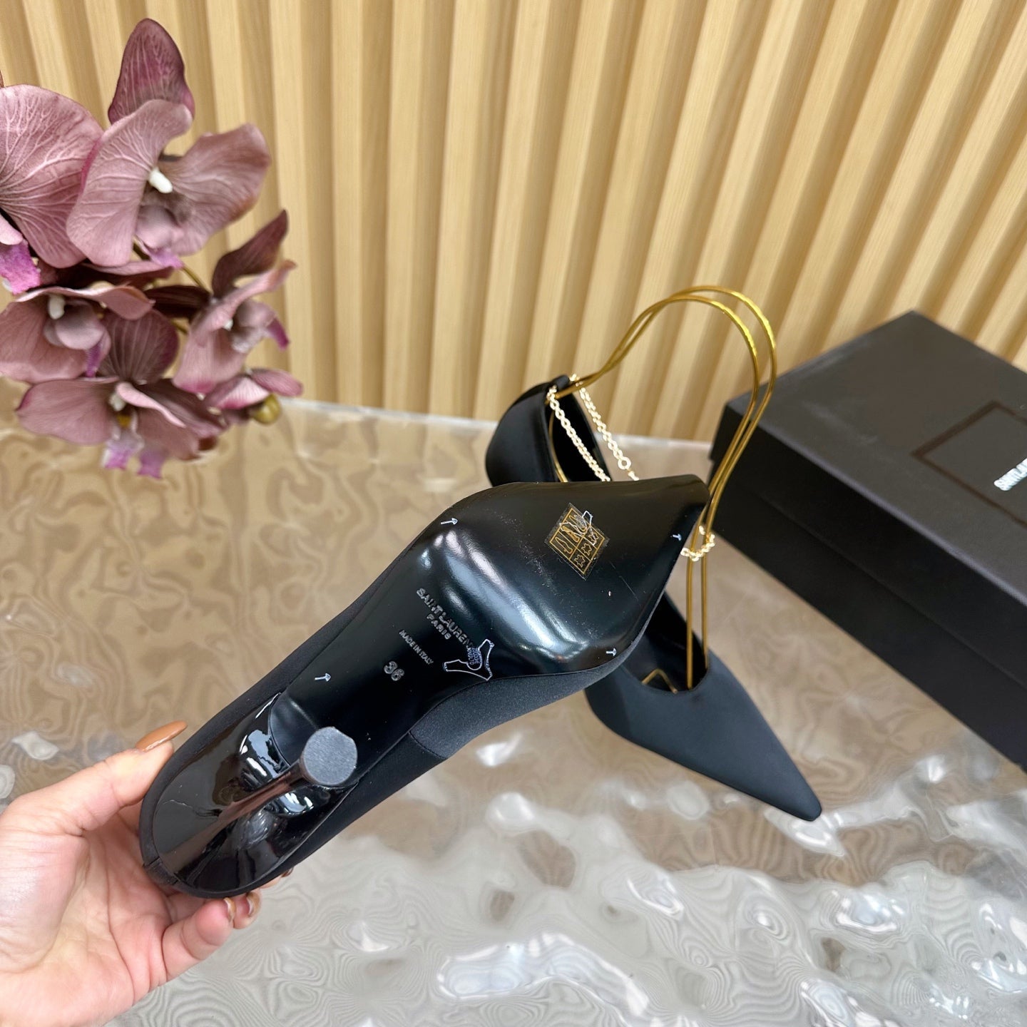 RÃ‰GINE PUMPS IN BLACK SATIN GOLD CHAIN