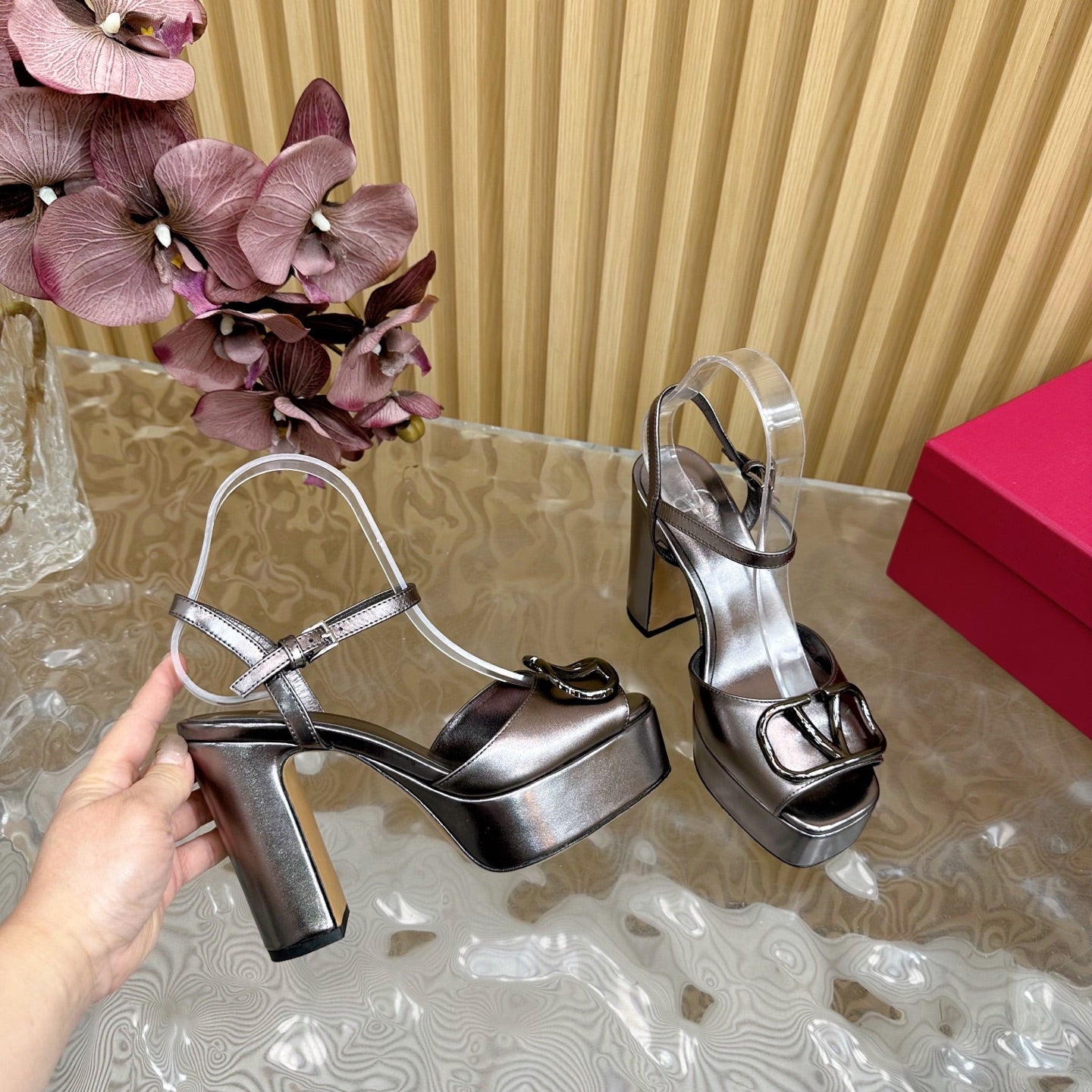 VT High Heels Sandals 110mm Gray Calfskin 286481