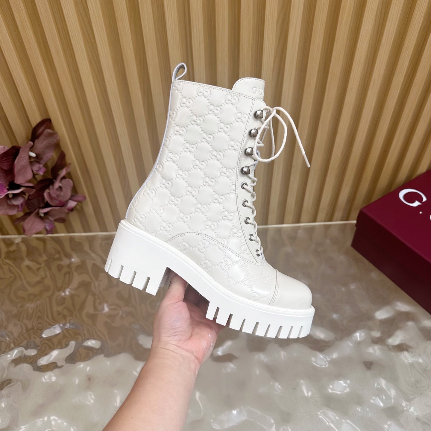 Gucci 2025 Boot Cream Embossed Cowhide 498048