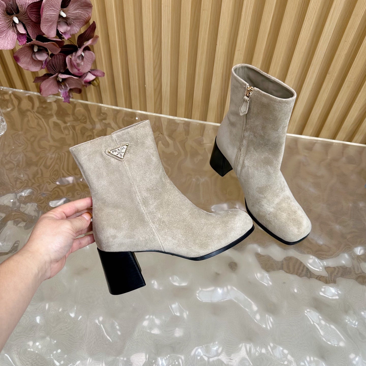 Prada 25 Boot Beige Black Suede 498221