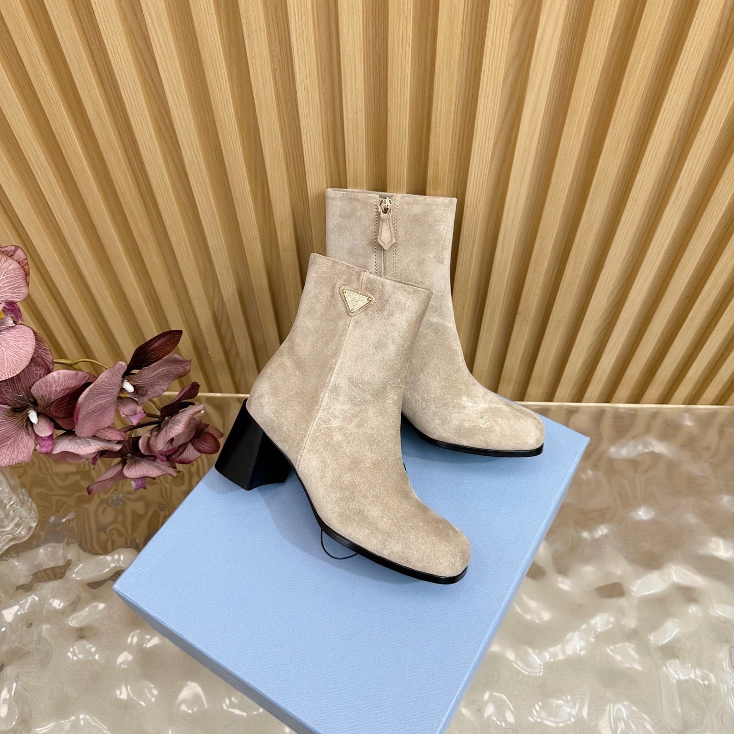 Prada 25 Boot Beige Black Suede 498221