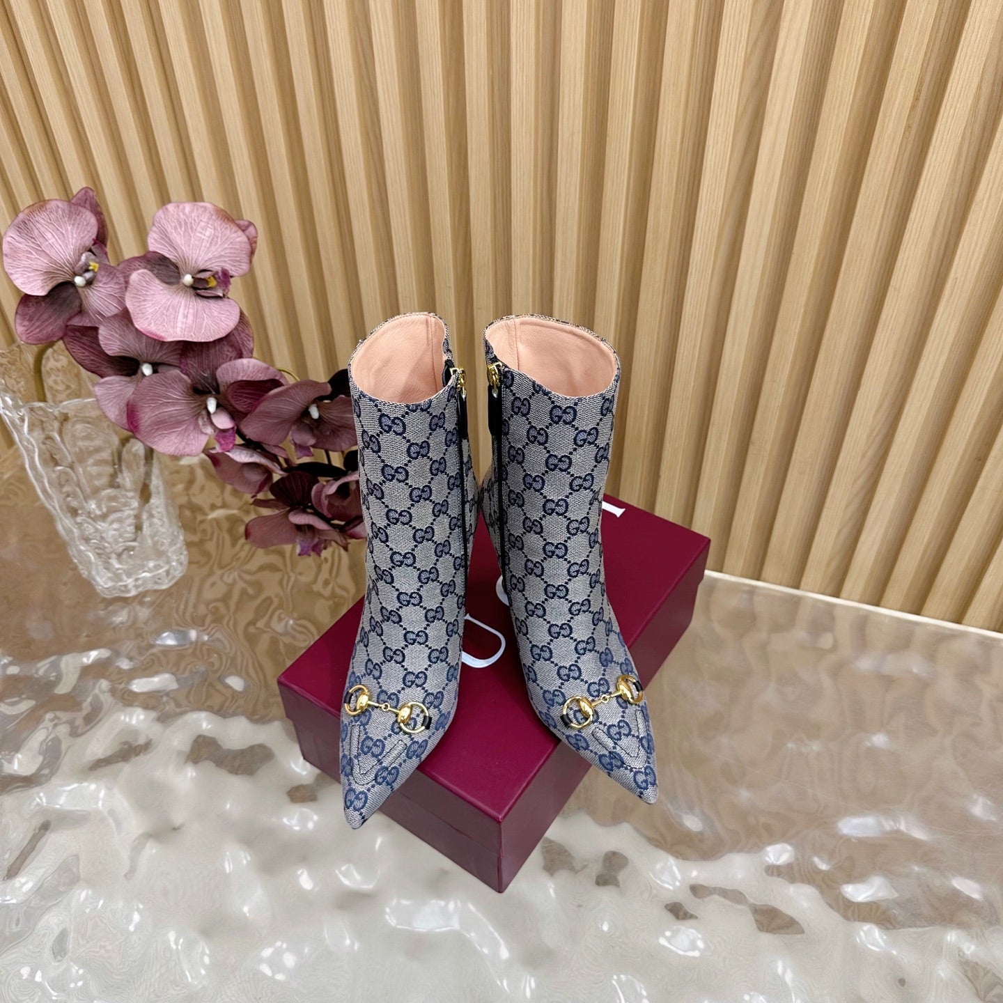 Gucci 2025 Thick-heeled Square-toed Ankle Boots Blue Sheepskin Fabric 498065