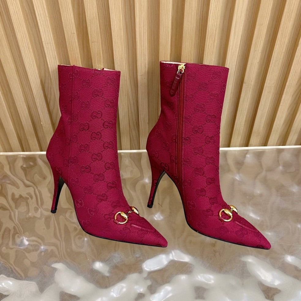 Gucci 2025 Thick-heeled Square-toed Ankle Boots Red Gold Sheepskin Fabric 498066
