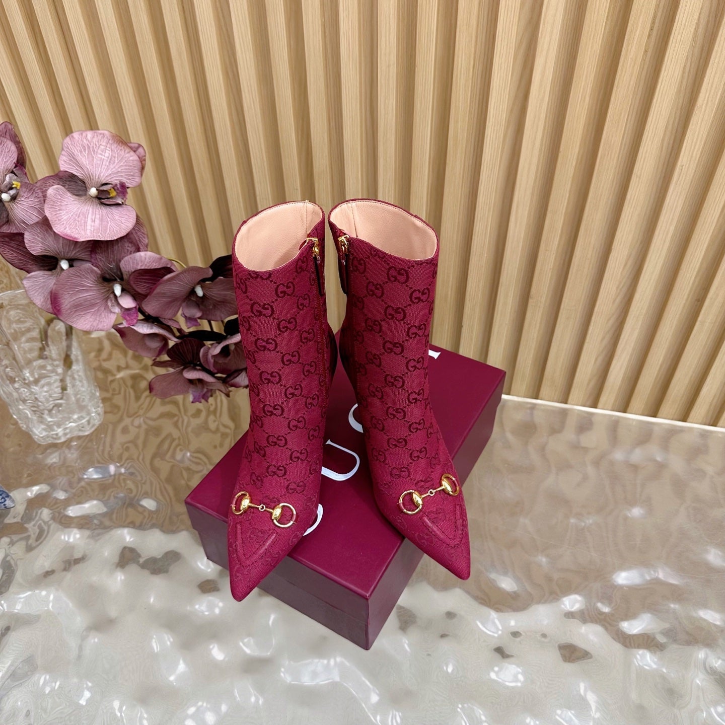 Gucci 2025 Thick-heeled Square-toed Ankle Boots Red Gold Sheepskin Fabric 498066