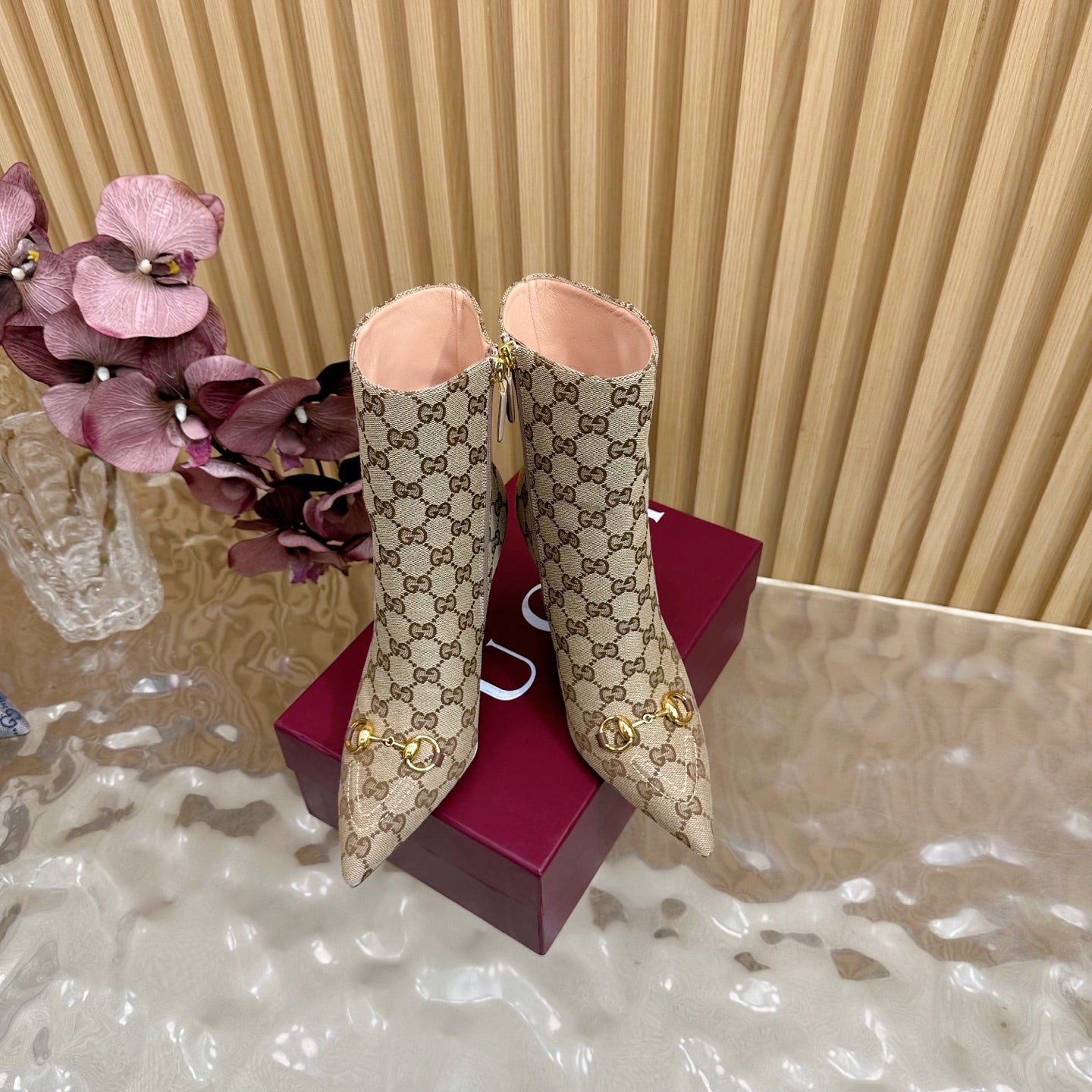 Gucci 2025 Thick-heeled Square-toed Ankle Boots Beige Gold Sheepskin Fabric 498067