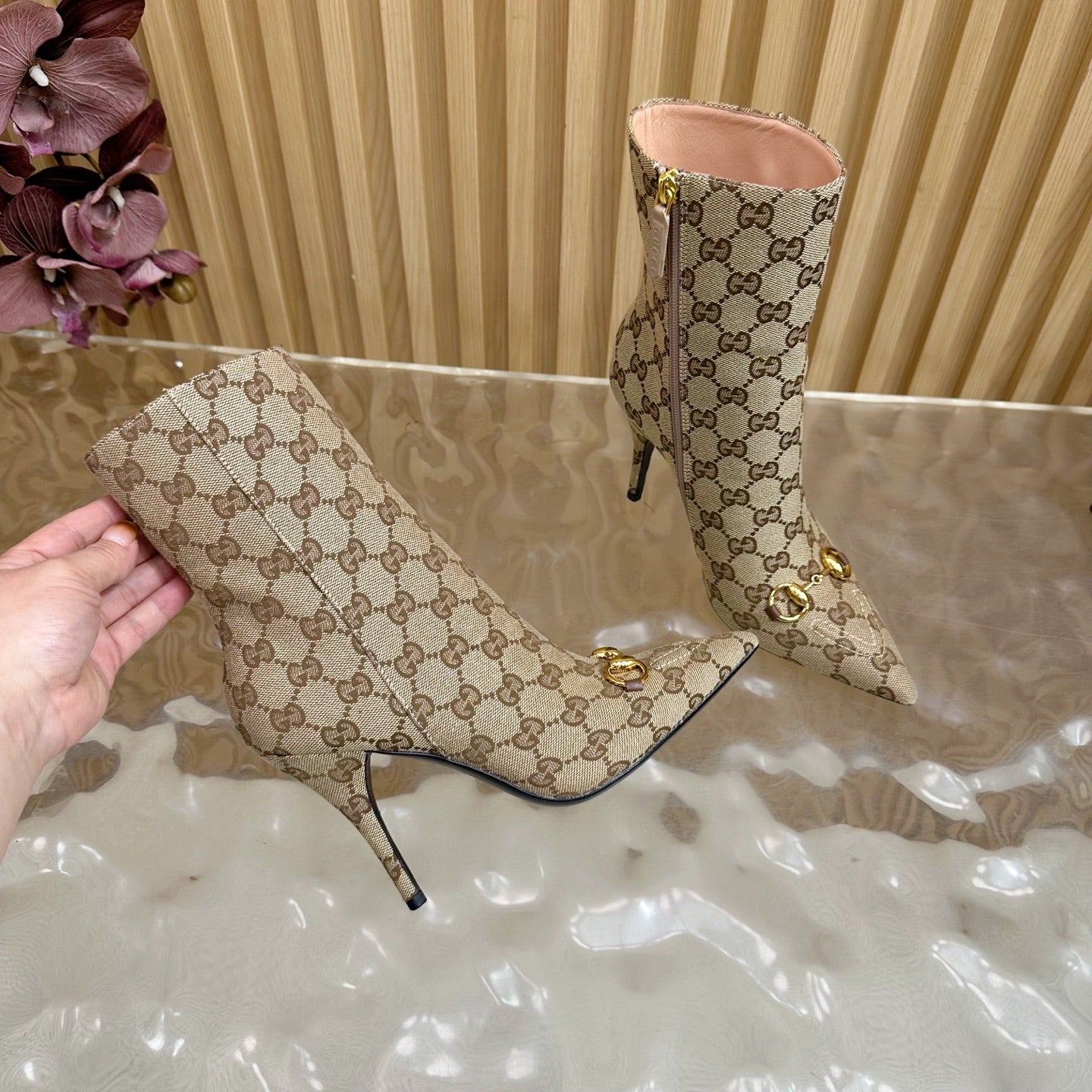 Gucci 2025 Thick-heeled Square-toed Ankle Boots Beige Gold Sheepskin Fabric 498067