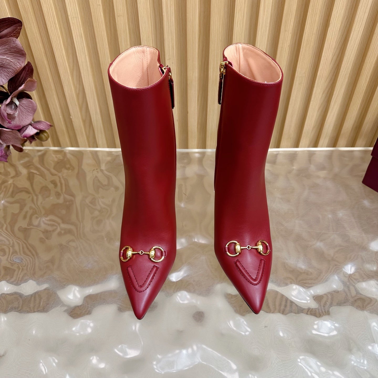 Gucci 2025 Thick-heeled Square-toed Ankle Boots Red Sheepskin 498068