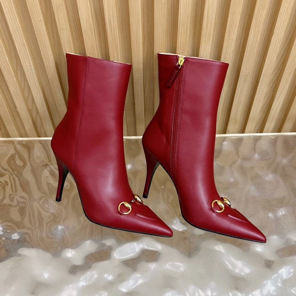 Gucci 2025 Thick-heeled Square-toed Ankle Boots Red Sheepskin 498068